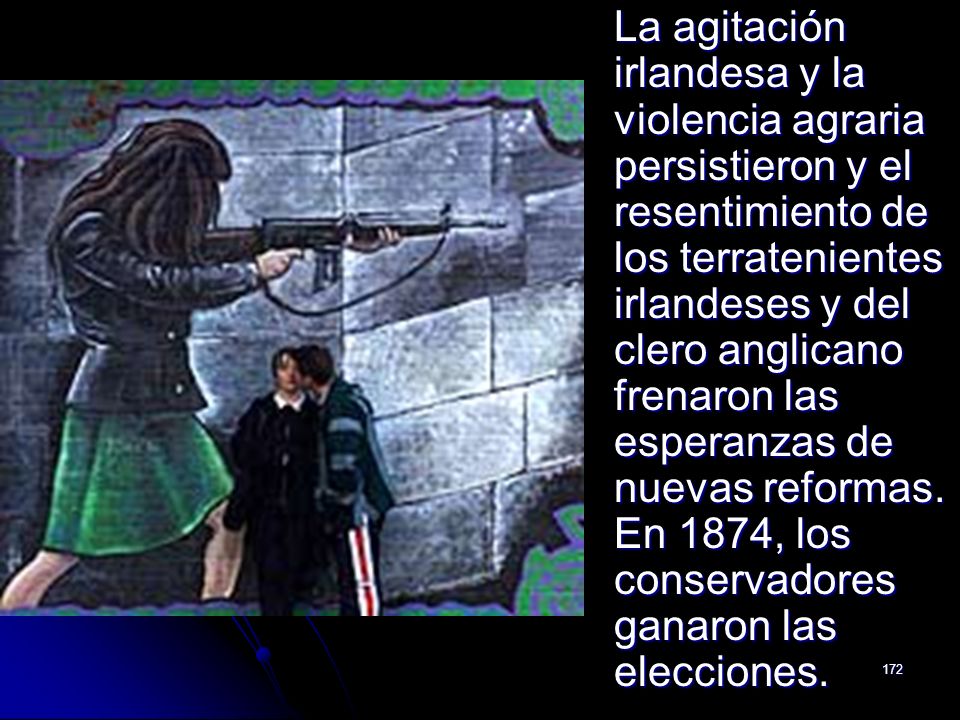 La agitación irlandesa y la violencia agraria persistieron y el resentimiento de los terratenientes irlandeses y del clero anglicano frenaron las esperanzas de nuevas reformas.