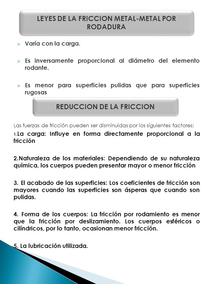 LEYES DE LA FRICCION METAL-METAL POR RODADURA REDUCCION DE LA FRICCION