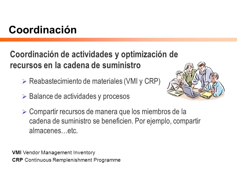 Coordinación Coordinación de actividades y optimización de recursos en la cadena de suministro. Reabastecimiento de materiales (VMI y CRP)