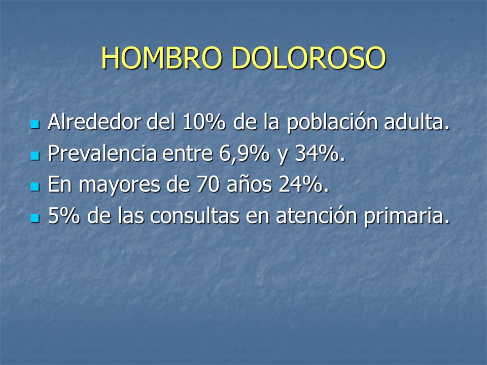 HOMBRO DOLOROSO Alrededor del 10% de la población adulta.