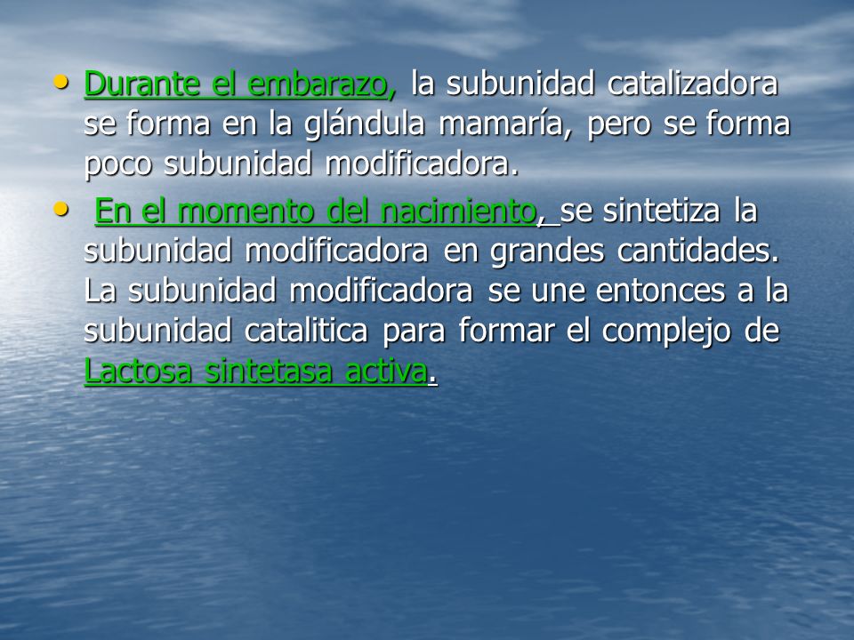Durante el embarazo, la subunidad catalizadora se forma en la glándula mamaría, pero se forma poco subunidad modificadora.