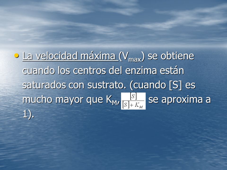 La velocidad máxima (Vmax) se obtiene cuando los centros del enzima están saturados con sustrato.