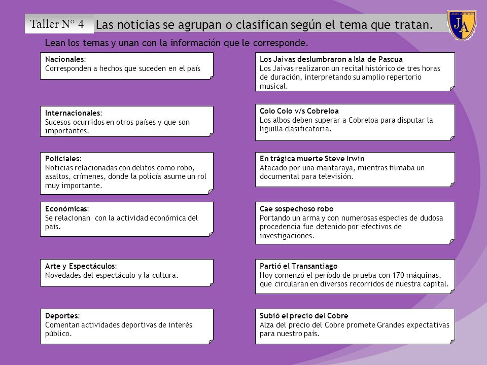 Las noticias se agrupan o clasifican según el tema que tratan.