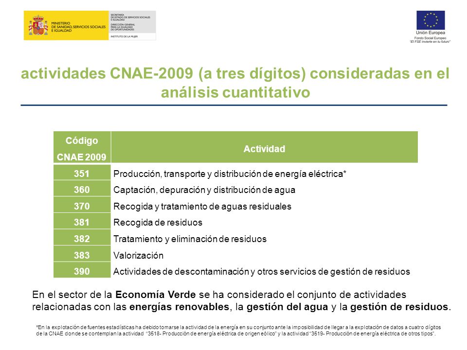 actividades CNAE-2009 (a tres dígitos) consideradas en el análisis cuantitativo