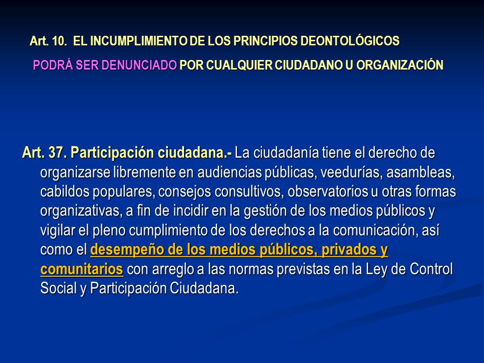 Art. 10. EL INCUMPLIMIENTO DE LOS PRINCIPIOS DEONTOLÓGICOS PODRÁ SER DENUNCIADO POR CUALQUIER CIUDADANO U ORGANIZACIÓN