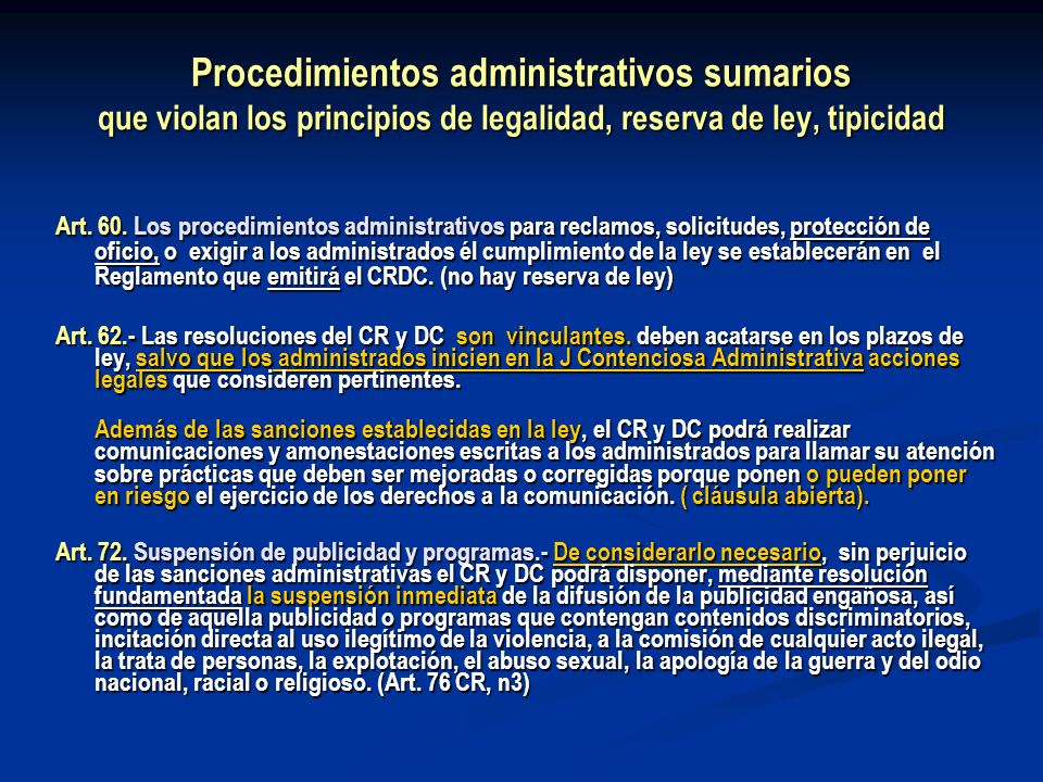 Procedimientos administrativos sumarios que violan los principios de legalidad, reserva de ley, tipicidad