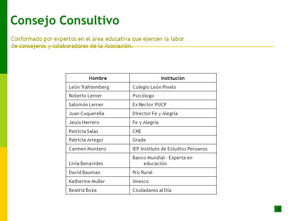 Consejo Consultivo Conformado por expertos en el área educativa que ejercen la labor. de consejeros y colaboradores de la Asociación.
