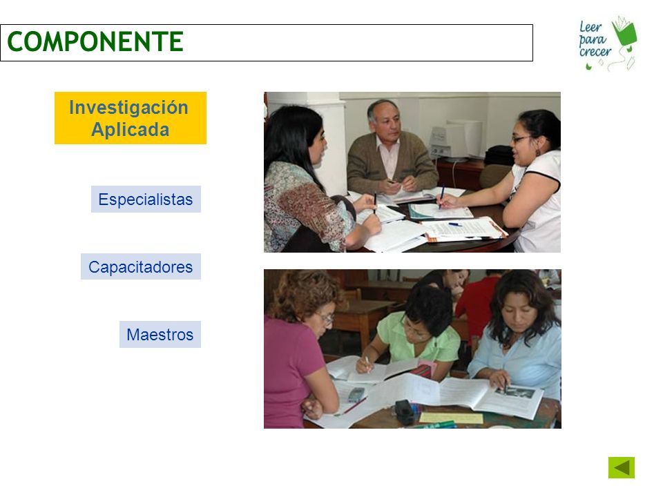COMPONENTE Investigación Aplicada Especialistas Capacitadores Maestros