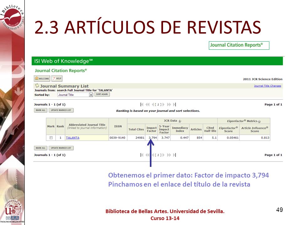2.3 ARTÍCULOS DE REVISTAS Obtenemos el primer dato: Factor de impacto 3,794 Pinchamos en el enlace del título de la revista.