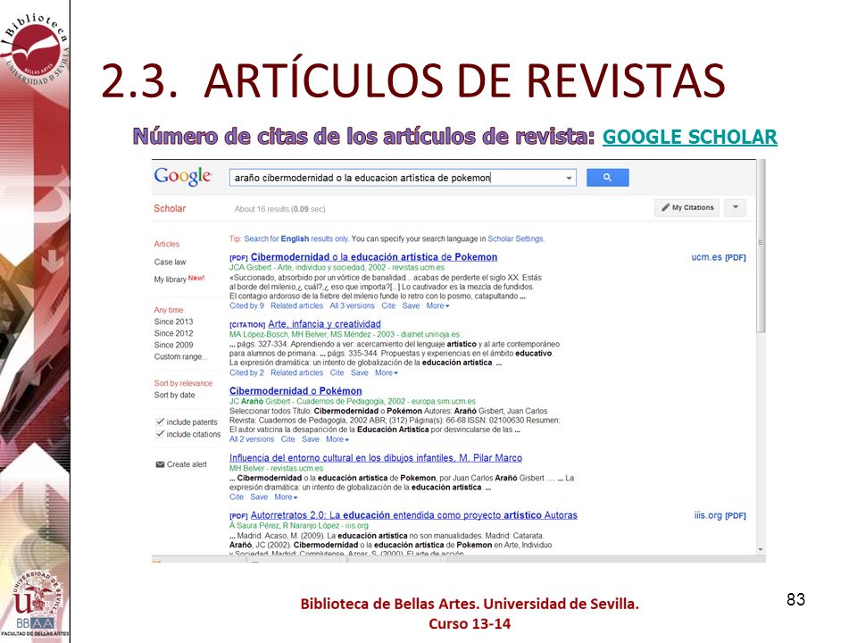 2.3. ARTÍCULOS DE REVISTAS Número de citas de los artículos de revista: GOOGLE SCHOLAR