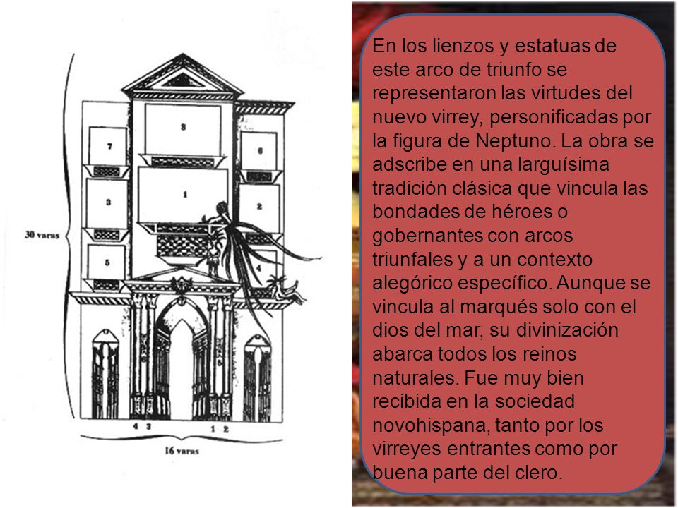 En los lienzos y estatuas de este arco de triunfo se representaron las virtudes del nuevo virrey, personificadas por la figura de Neptuno.