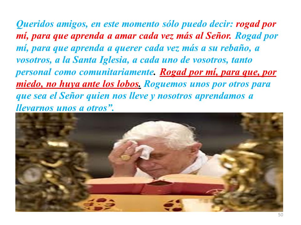 Queridos amigos, en este momento sólo puedo decir: rogad por mí, para que aprenda a amar cada vez más al Señor.