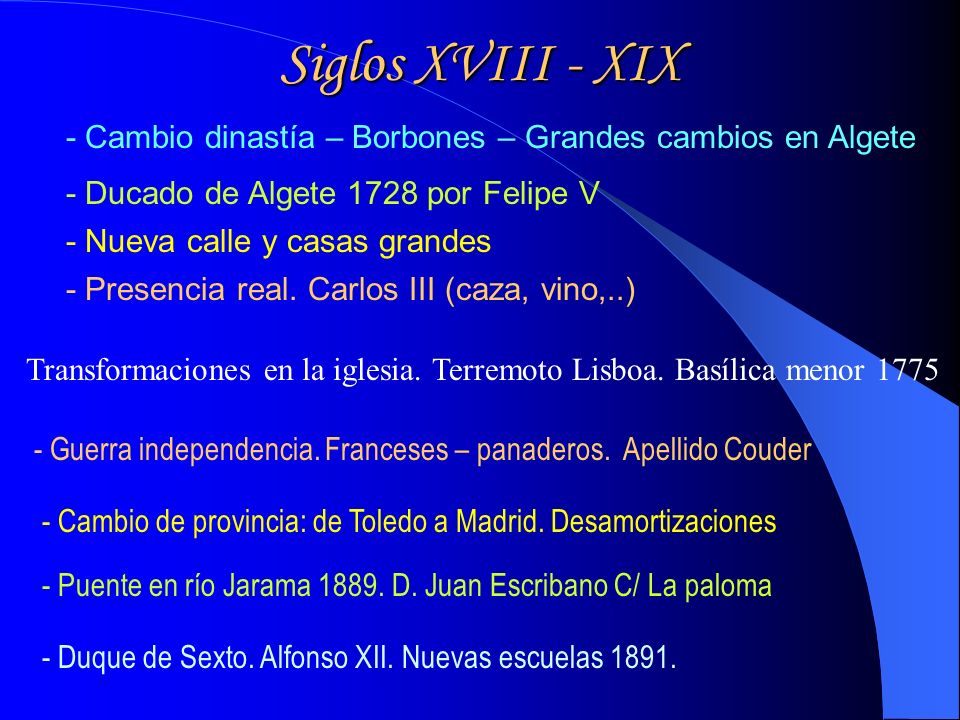 Siglos XVIII - XIX - Cambio dinastía – Borbones – Grandes cambios en Algete. - Ducado de Algete 1728 por Felipe V.