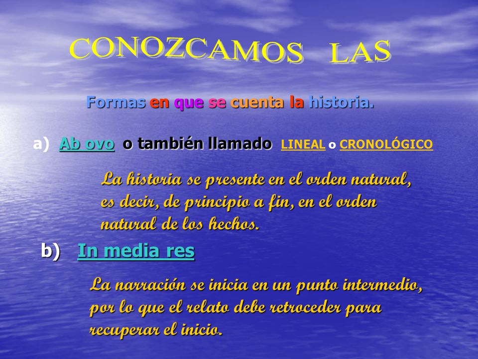 CONOZCAMOS LAS Formas en que se cuenta la historia. a) Ab ovo o también llamado LINEAL o CRONOLÓGICO.