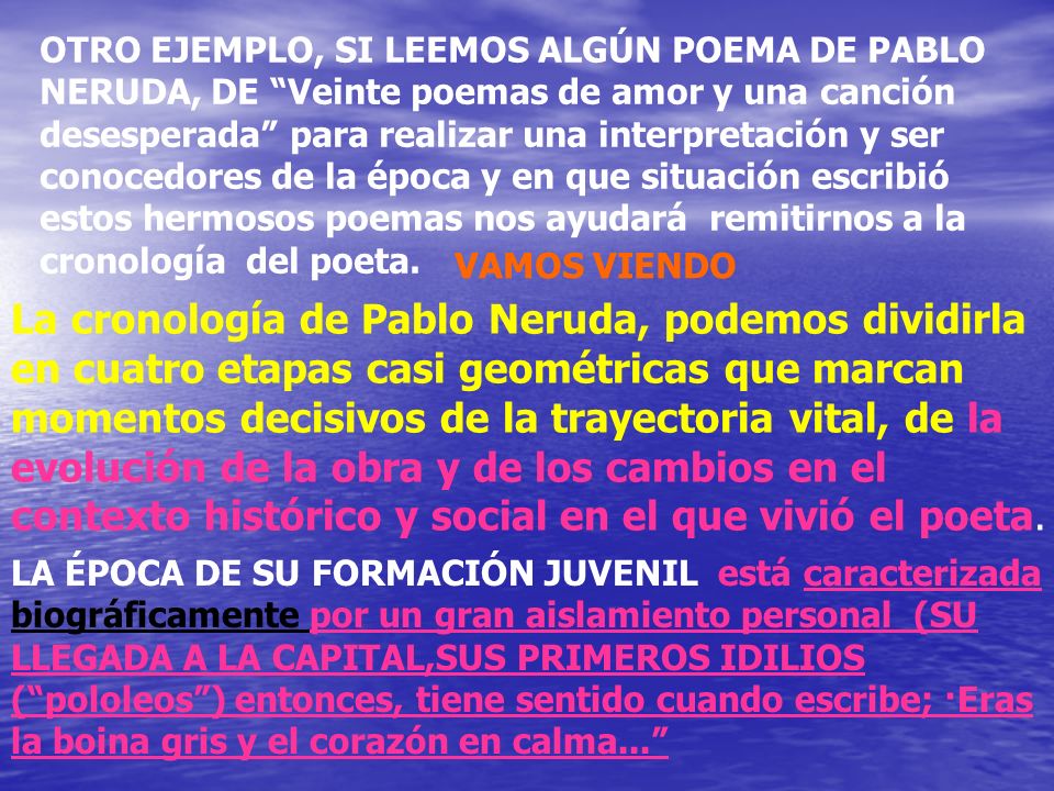 OTRO EJEMPLO, SI LEEMOS ALGÚN POEMA DE PABLO NERUDA, DE Veinte poemas de amor y una canción desesperada para realizar una interpretación y ser conocedores de la época y en que situación escribió estos hermosos poemas nos ayudará remitirnos a la cronología del poeta.
