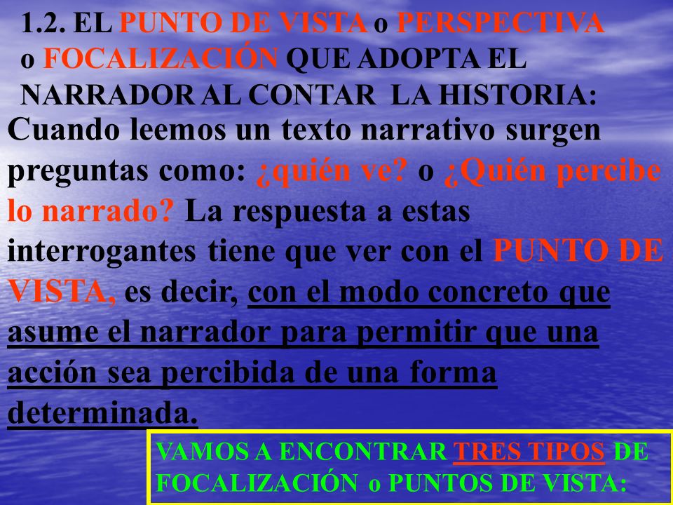 1.2. EL PUNTO DE VISTA o PERSPECTIVA o FOCALIZACIÓN QUE ADOPTA EL NARRADOR AL CONTAR LA HISTORIA: