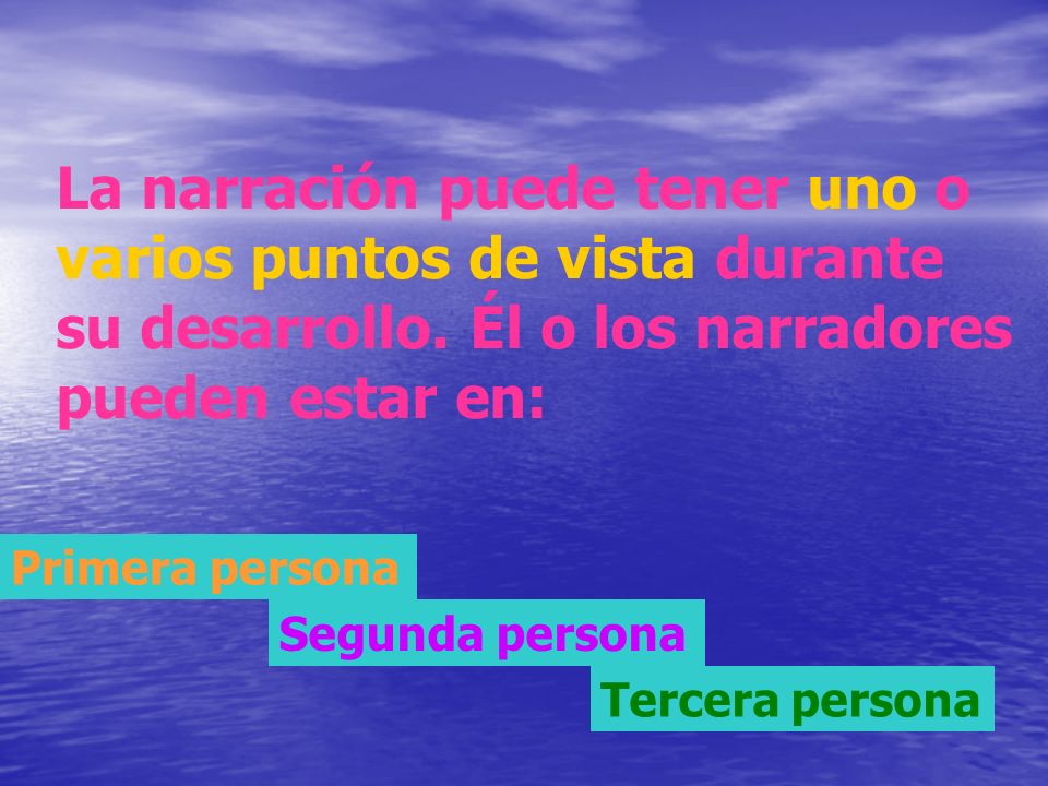 La narración puede tener uno o varios puntos de vista durante su desarrollo. Él o los narradores pueden estar en: