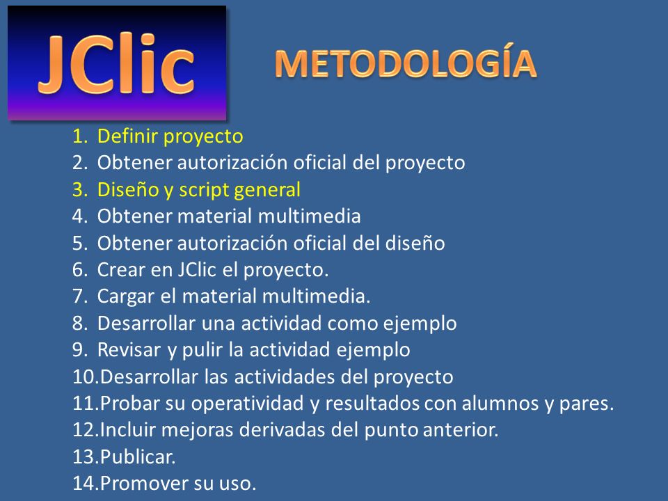 JClic METODOLOGÍA Definir proyecto