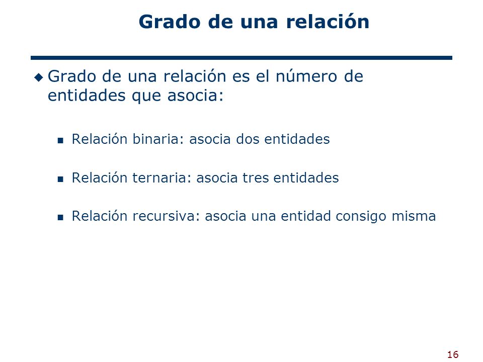 Grado de una relación Grado de una relación es el número de entidades que asocia: Relación binaria: asocia dos entidades.