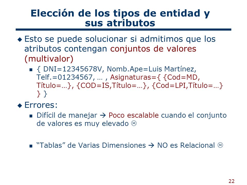 Elección de los tipos de entidad y sus atributos