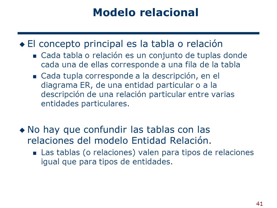 Modelo relacional El concepto principal es la tabla o relación