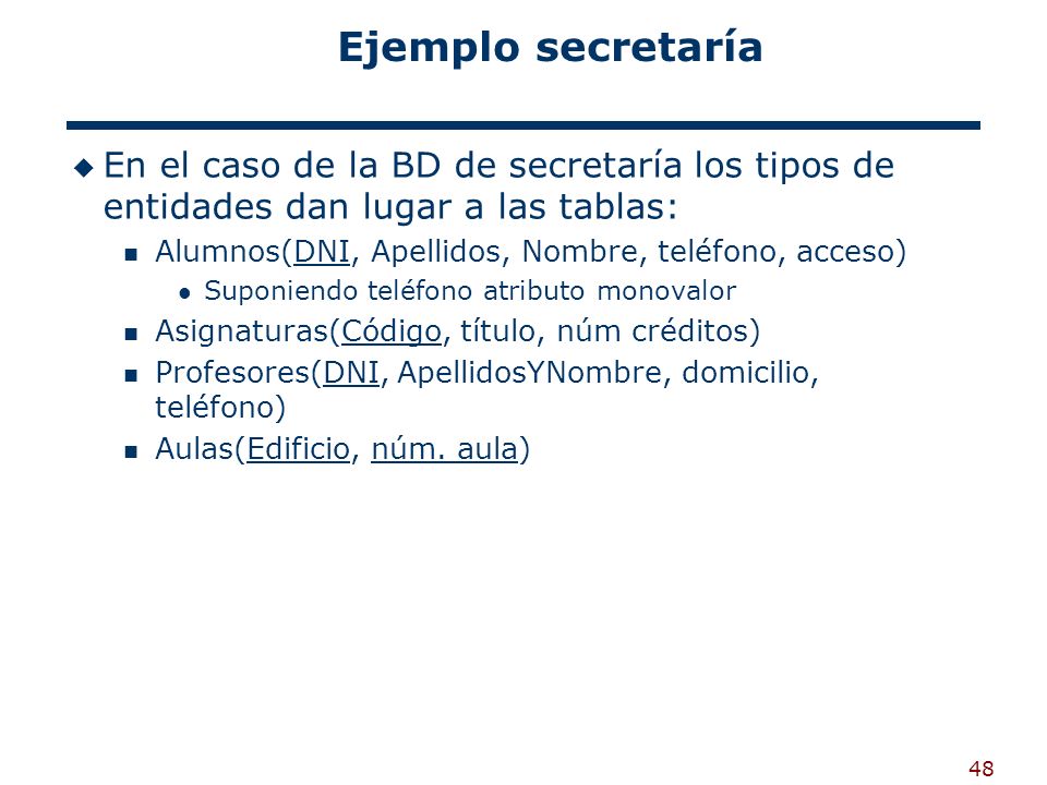 Ejemplo secretaría En el caso de la BD de secretaría los tipos de entidades dan lugar a las tablas: