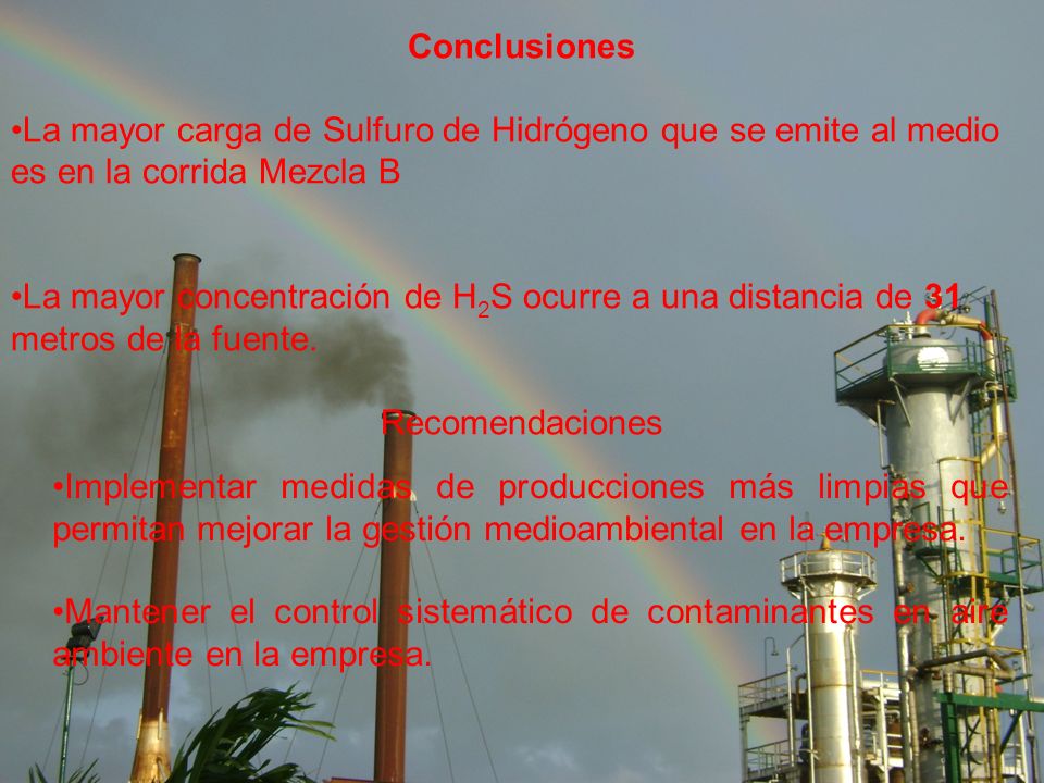 Conclusiones La mayor carga de Sulfuro de Hidrógeno que se emite al medio es en la corrida Mezcla B.