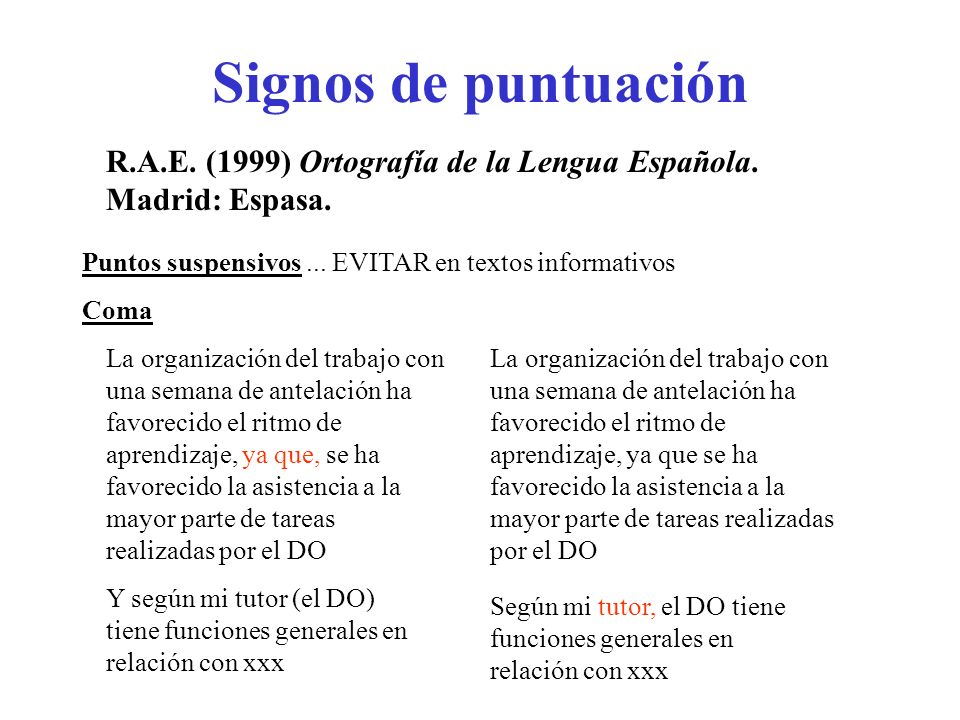Signos de puntuación R.A.E. (1999) Ortografía de la Lengua Española. Madrid: Espasa. Puntos suspensivos ... EVITAR en textos informativos.