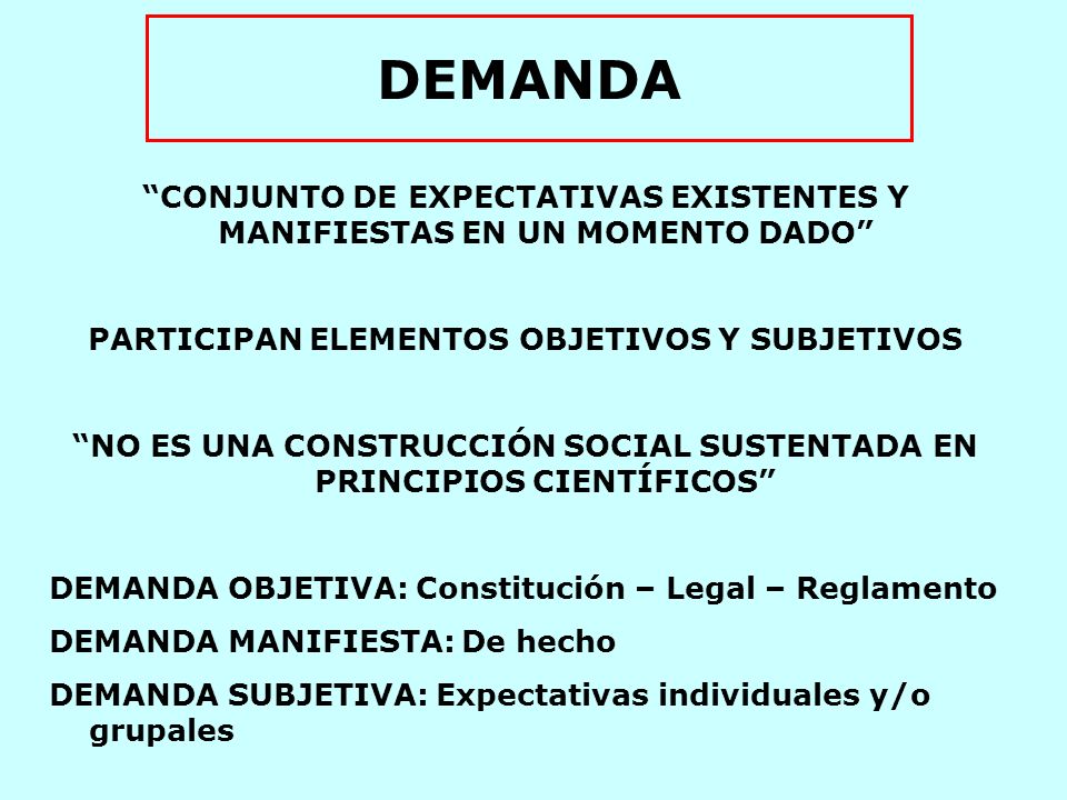 DEMANDA CONJUNTO DE EXPECTATIVAS EXISTENTES Y MANIFIESTAS EN UN MOMENTO DADO PARTICIPAN ELEMENTOS OBJETIVOS Y SUBJETIVOS.