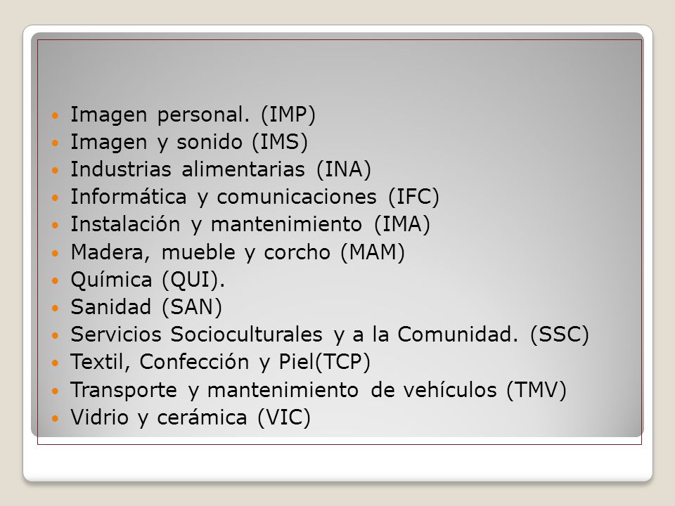 Imagen personal. (IMP) Imagen y sonido (IMS) Industrias alimentarias (INA) Informática y comunicaciones (IFC)