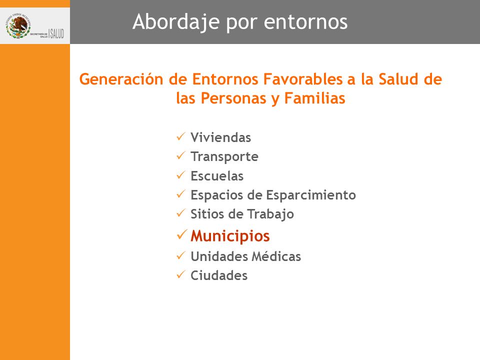 Abordaje por entornos Generación de Entornos Favorables a la Salud de las Personas y Familias. Viviendas.
