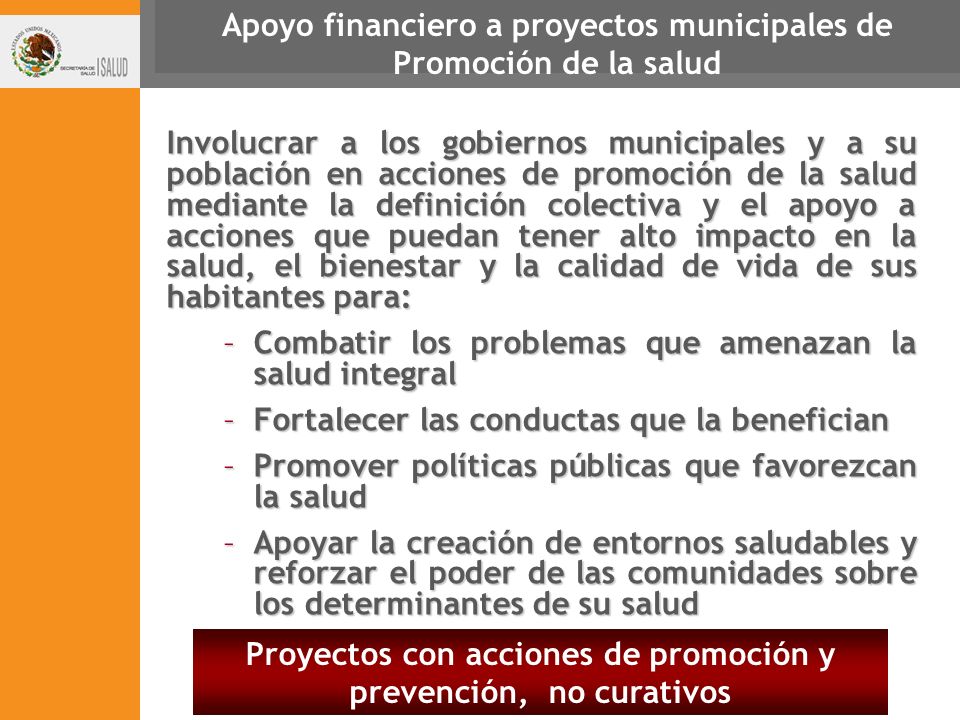 Apoyo financiero a proyectos municipales de Promoción de la salud