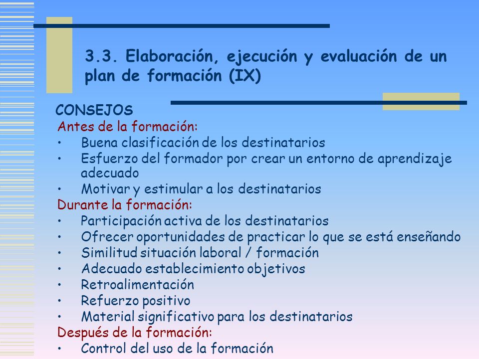 3.3. Elaboración, ejecución y evaluación de un plan de formación (IX)