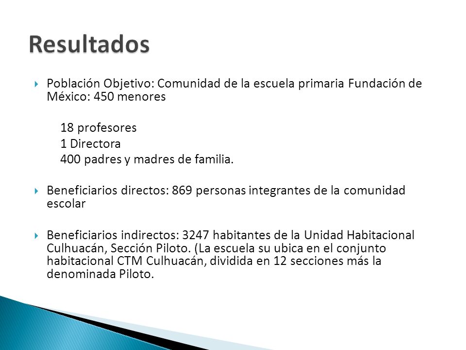 Resultados Población Objetivo: Comunidad de la escuela primaria Fundación de México: 450 menores. 18 profesores.