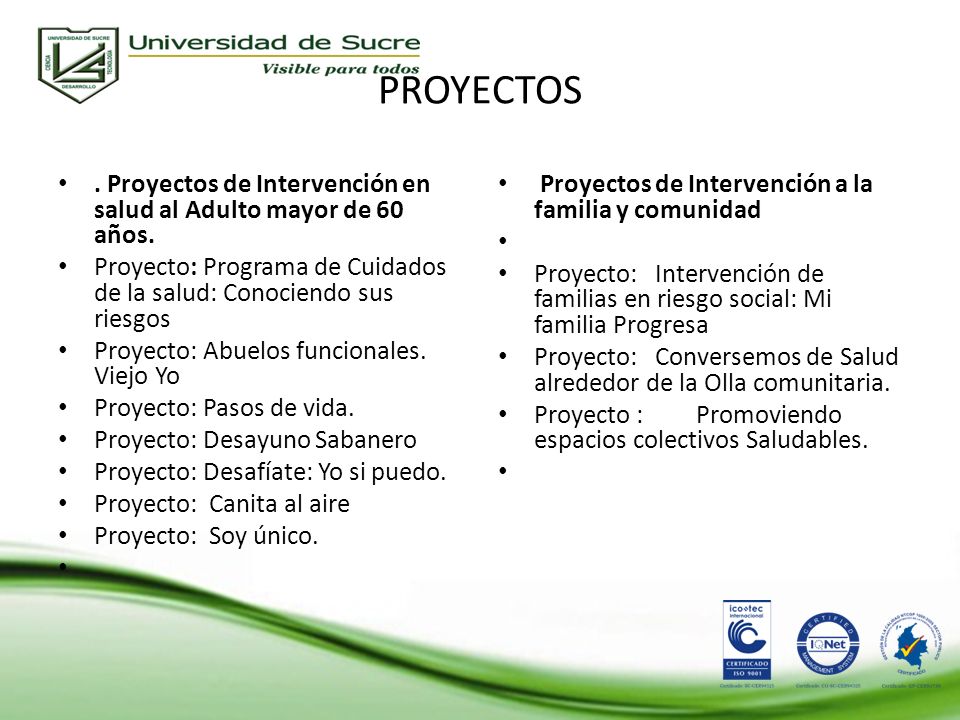 PROYECTOS . Proyectos de Intervención en salud al Adulto mayor de 60 años. Proyecto: Programa de Cuidados de la salud: Conociendo sus riesgos.