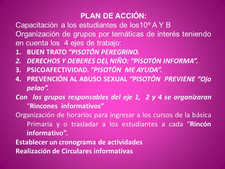 PLAN DE ACCIÓN: Capacitación a los estudiantes de los10º A Y B.