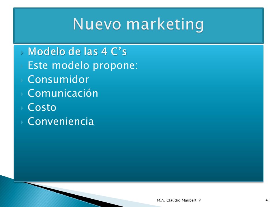 Nuevo marketing Modelo de las 4 C’s Este modelo propone: Consumidor