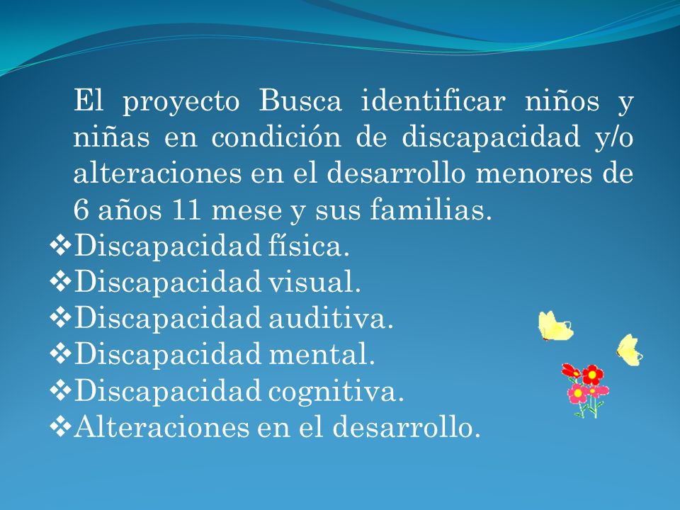 El proyecto Busca identificar niños y niñas en condición de discapacidad y/o alteraciones en el desarrollo menores de 6 años 11 mese y sus familias.