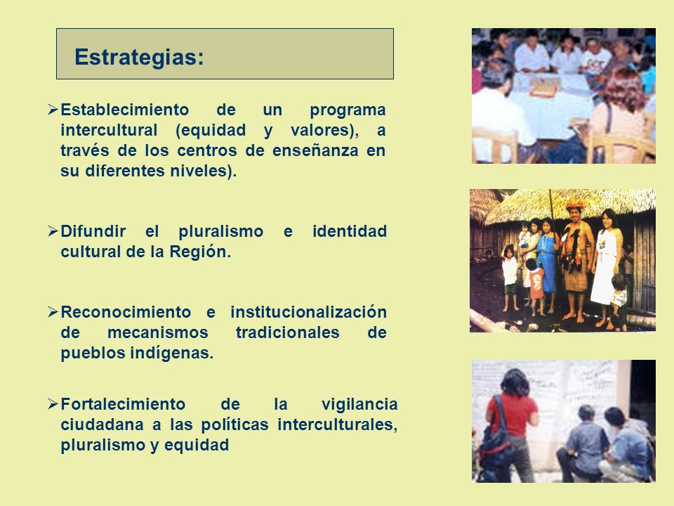 Estrategias: Establecimiento de un programa intercultural (equidad y valores), a través de los centros de enseñanza en su diferentes niveles).