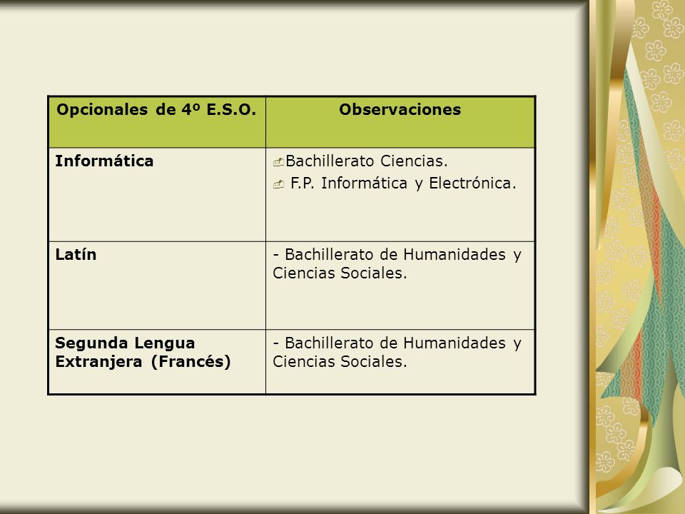 Opcionales de 4º E.S.O. Observaciones. Informática. Bachillerato Ciencias. F.P. Informática y Electrónica.