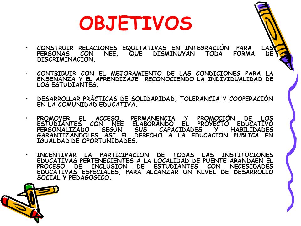 OBJETIVOS CONSTRUIR RELACIONES EQUITATIVAS EN INTEGRACIÓN, PARA LAS PERSONAS CON NEE, QUE DISMINUYAN TODA FORMA DE DISCRIMINACIÓN.