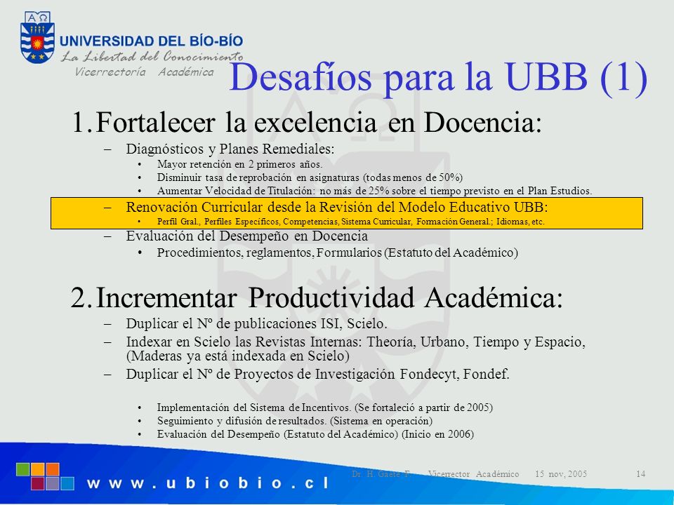 Desafíos para la UBB (1) Fortalecer la excelencia en Docencia: