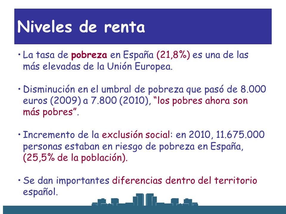 Niveles de renta La tasa de pobreza en España (21,8%) es una de las más elevadas de la Unión Europea.