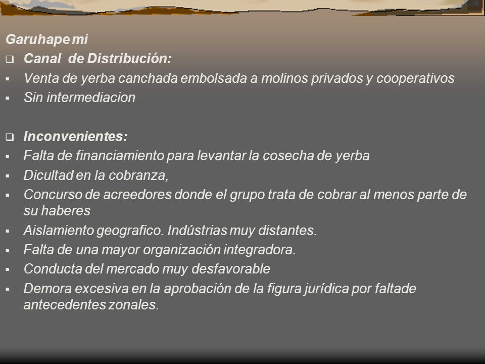 Garuhape mi Canal de Distribución: Venta de yerba canchada embolsada a molinos privados y cooperativos.