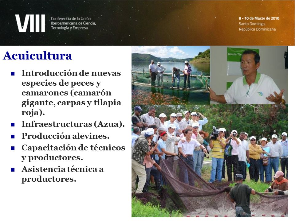 Acuicultura Introducción de nuevas especies de peces y camarones (camarón gigante, carpas y tilapia roja).