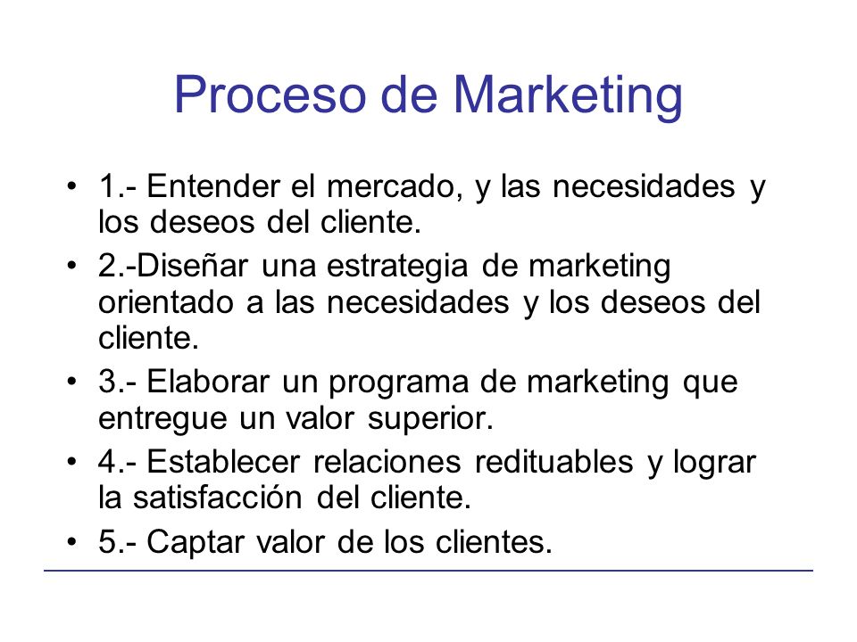 Proceso de Marketing 1.- Entender el mercado, y las necesidades y los deseos del cliente.