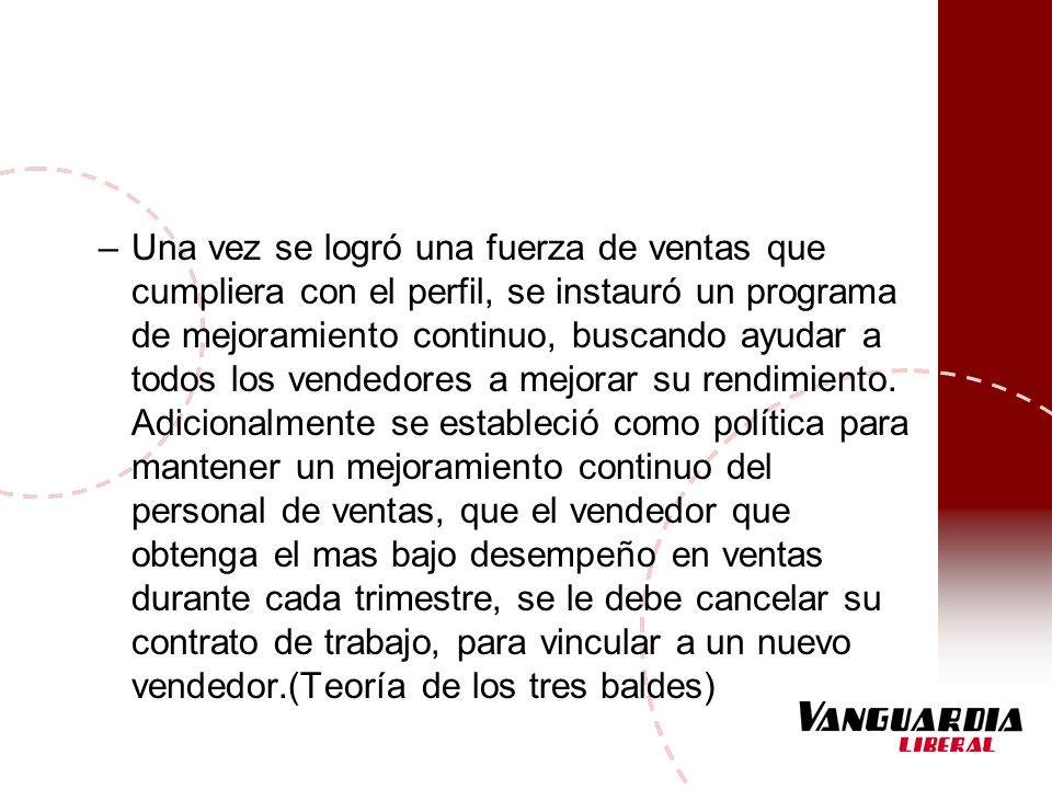 Una vez se logró una fuerza de ventas que cumpliera con el perfil, se instauró un programa de mejoramiento continuo, buscando ayudar a todos los vendedores a mejorar su rendimiento.