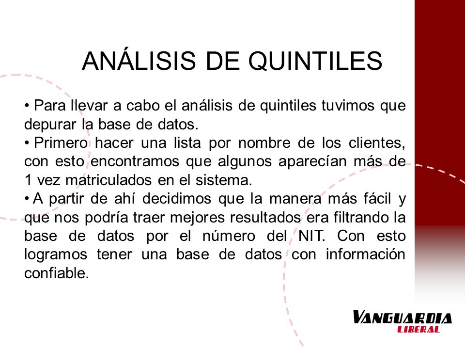 ANÁLISIS DE QUINTILES Para llevar a cabo el análisis de quintiles tuvimos que depurar la base de datos.