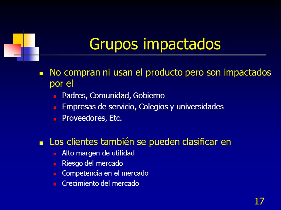 Grupos impactados No compran ni usan el producto pero son impactados por el. Padres, Comunidad, Gobierno.