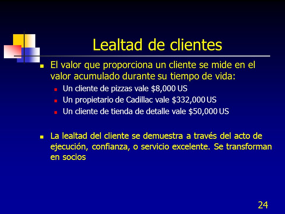 Lealtad de clientes El valor que proporciona un cliente se mide en el valor acumulado durante su tiempo de vida: